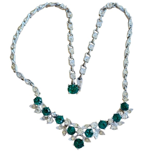 VTG Bogoff Green Crystal Rhinestone necklace Floral Silver Regal Retro 50s 18